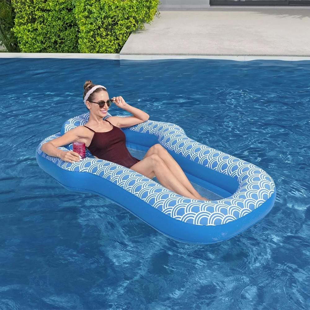 Bestway H2OGO Comfort Plush Inflatable Pool Lounge Float Blue Cup Holder Pillow